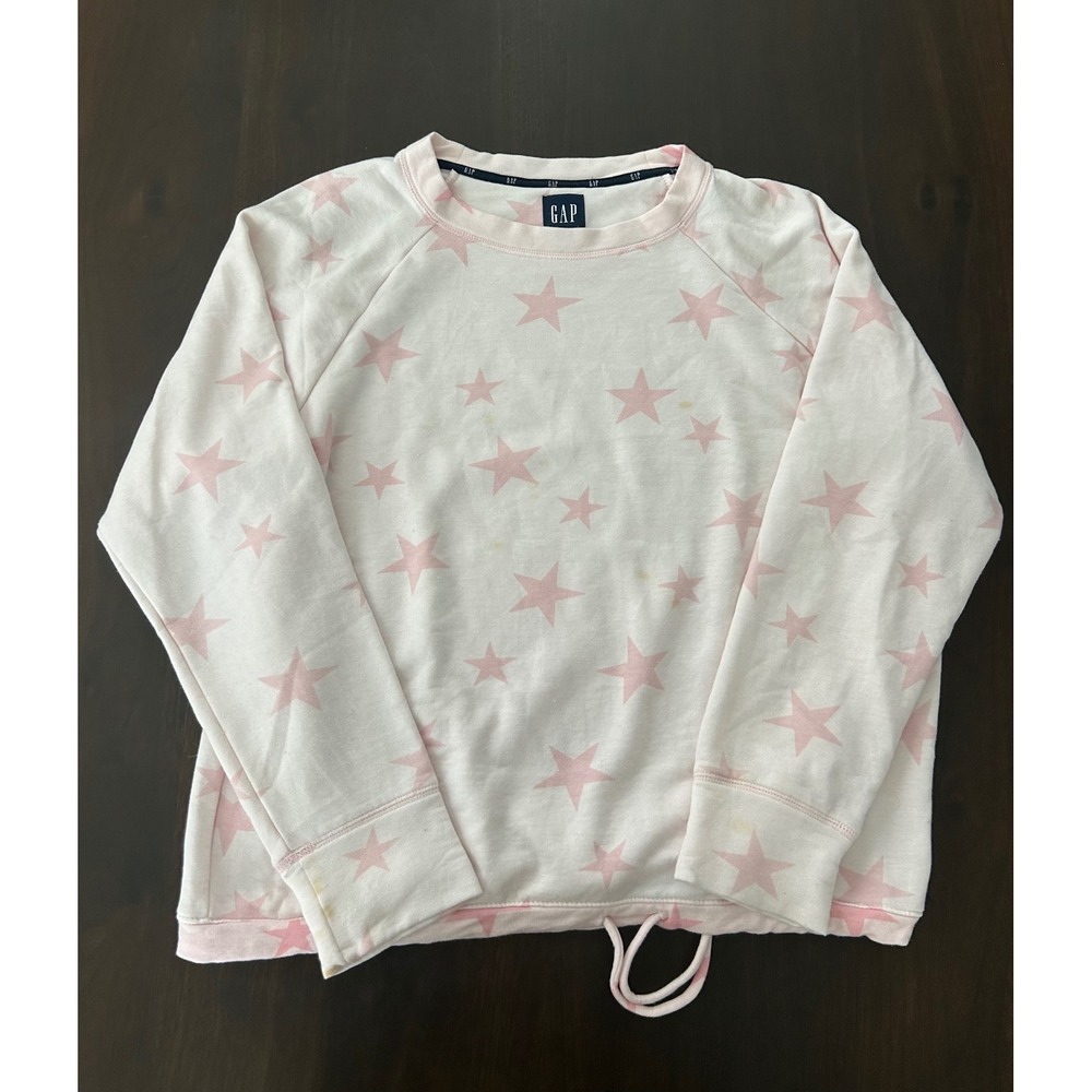 Gap Pink Star Print Raglan Sweatshirt XL Cream Long Sleeve Drawstring Hem